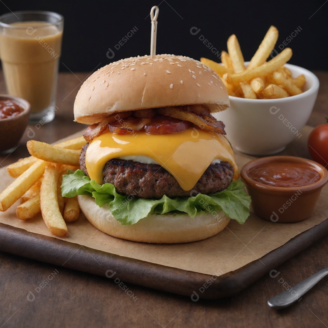 Delícioso hamburguer com batata frita e refrigerante de acompanhamento sobre tábua de madeira