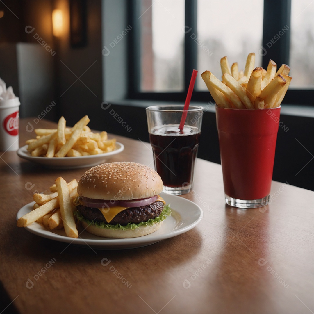 Delícioso hamburguer com batata frita e refrigerante de acompanhamento sobre  sobre mesa de madeira