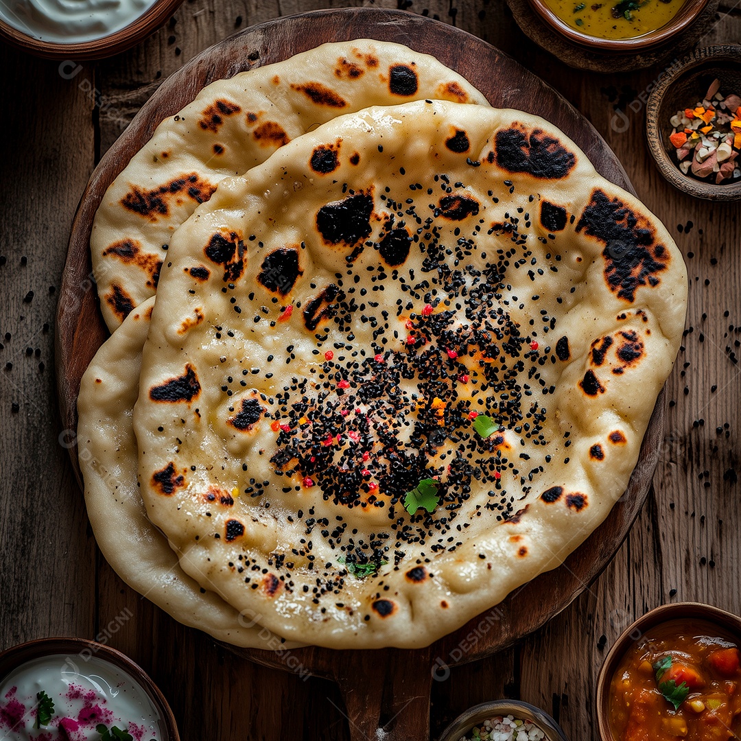 Lindo pão da india com acompanhamento de molhos sobre mesa de madeira