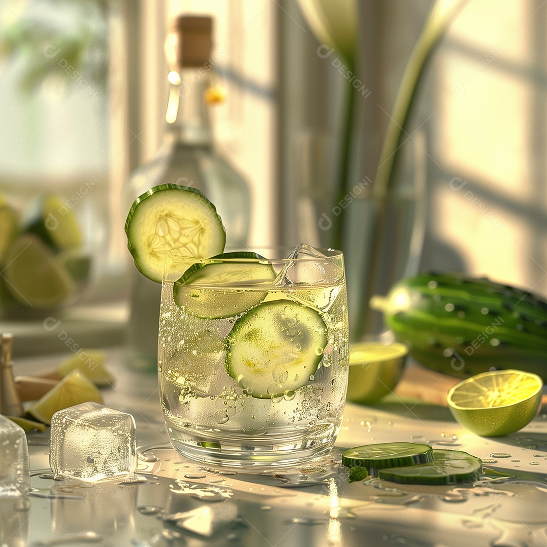 Lindo drink gelado com rodelas de pepino em copo sobre mesa de marmore