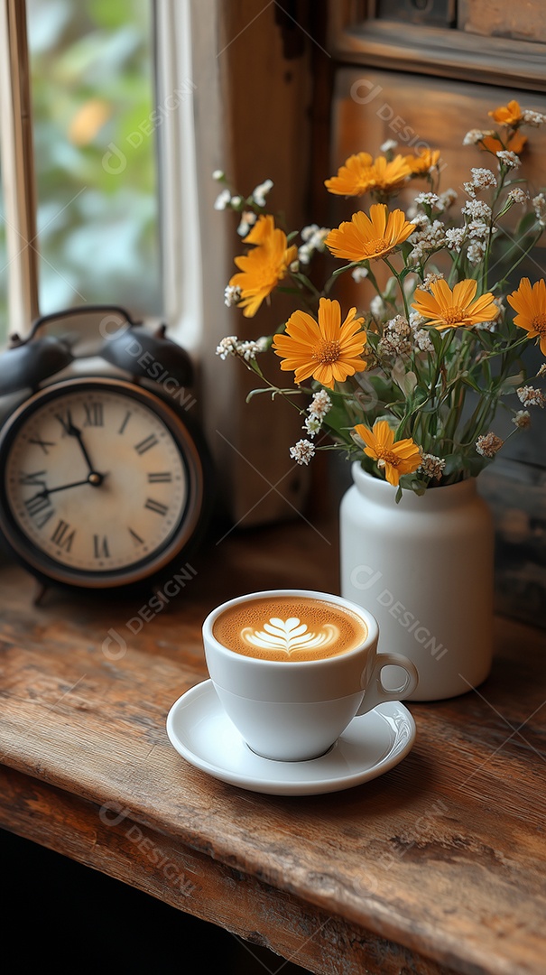 Belo cappuccino em xícara ao redor de um vaso de flores sobre mesa de madeira