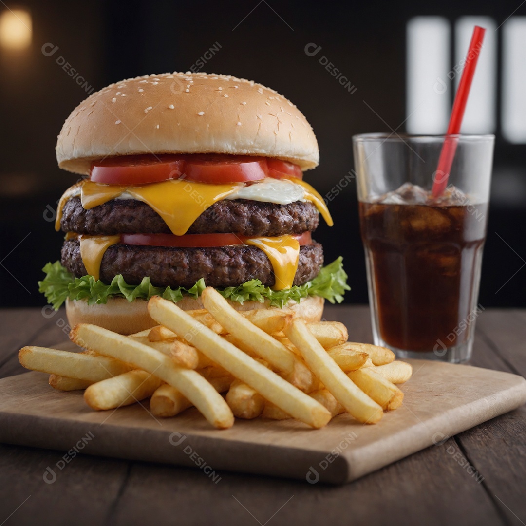 Delícioso hamburguer com batata frita e refrigerante de acompanhamento sobre tábua de madeira
