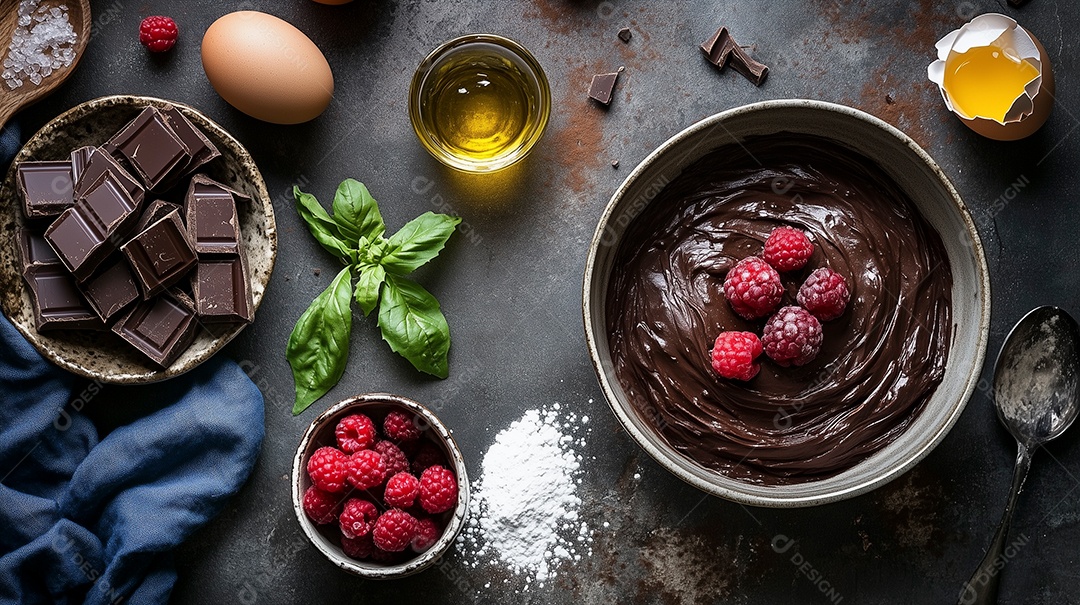 Delícioso mousse de chocolate com franboesa em tijela sobre mesa de marmore