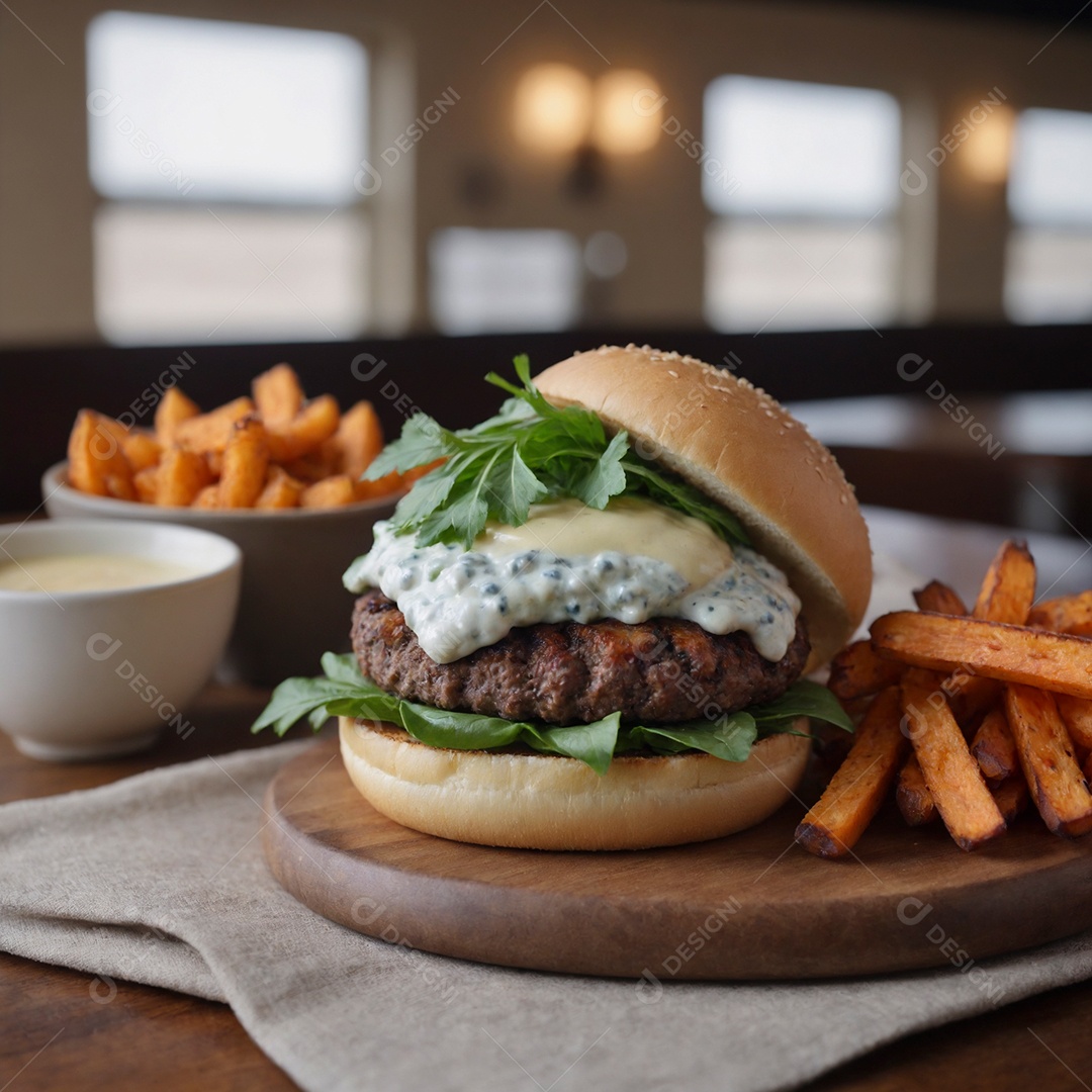 Delícioso hamburguer com batata frita de acompanhamento sobre tábua de madeira