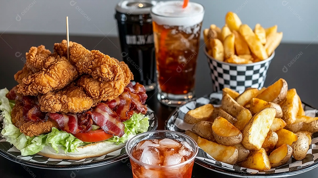 Belo frango empanado com batata frita com acompanhamento de refrigente sobre mesa de marmore