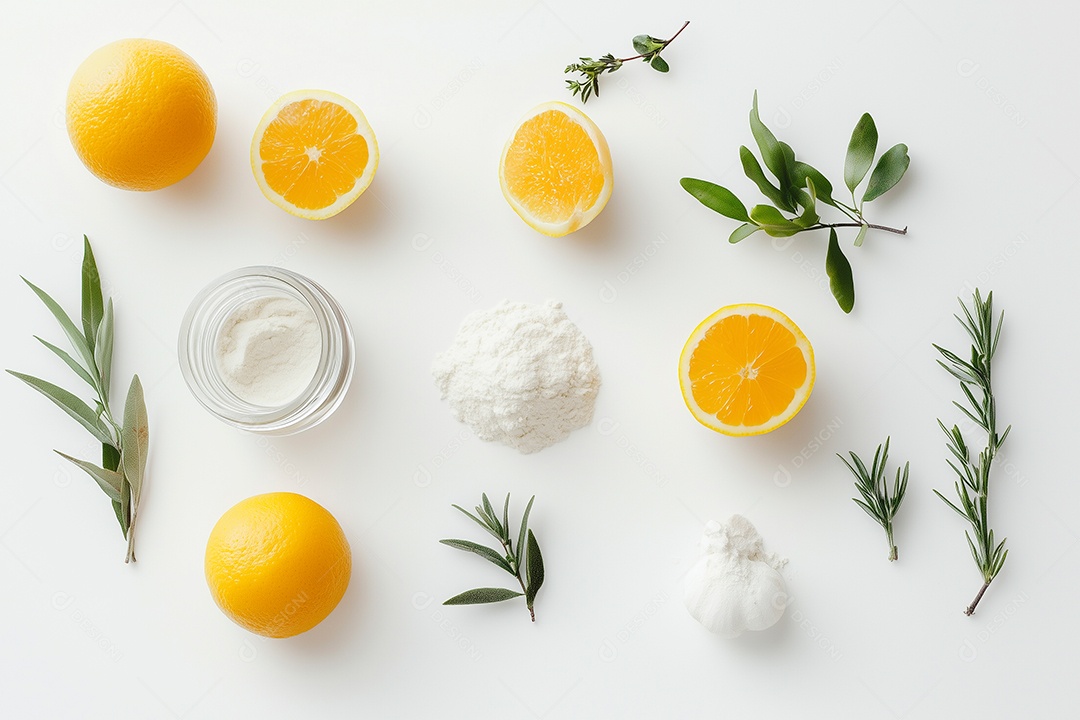 Lindas laranjas ao lado de ervas e bicarbonato sobre fundo branco isolado