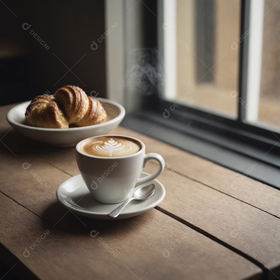Xícara de cappuccino com croissaint delicioso