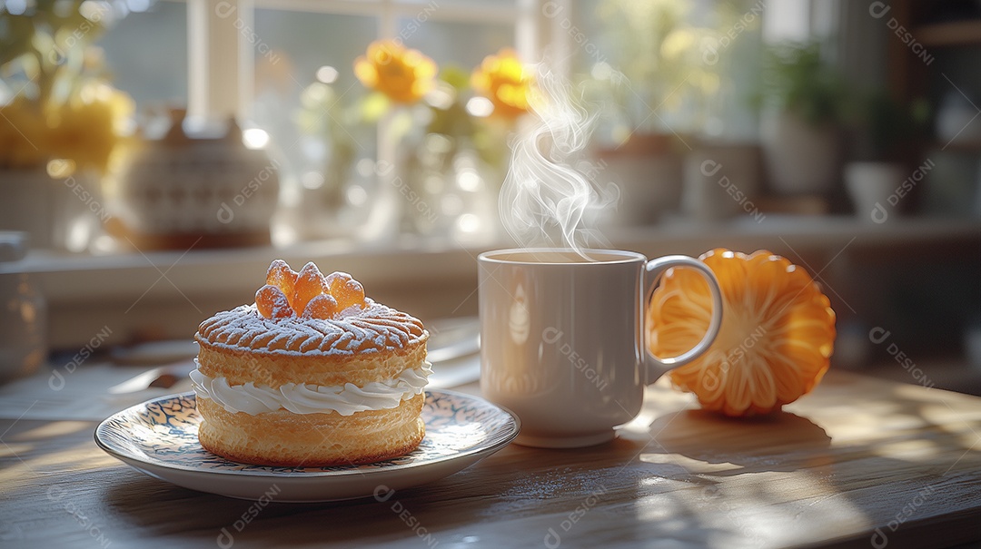 Bolo em um pratinho com xícara de café ao lado