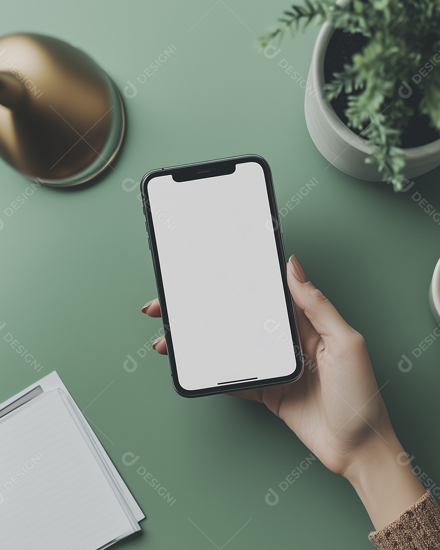 Mesa de um escritório verde com vaso de planta celular e prancheta