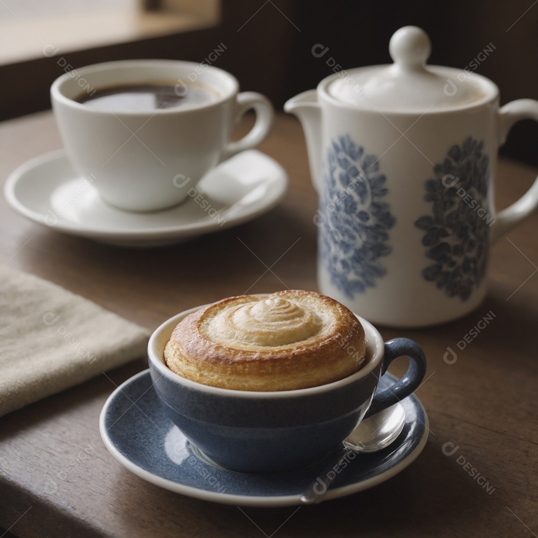 Mesa posta com delicioso bolo e xícara de café