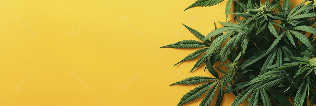 Galhos de cannabis sobre fundo amarelo
