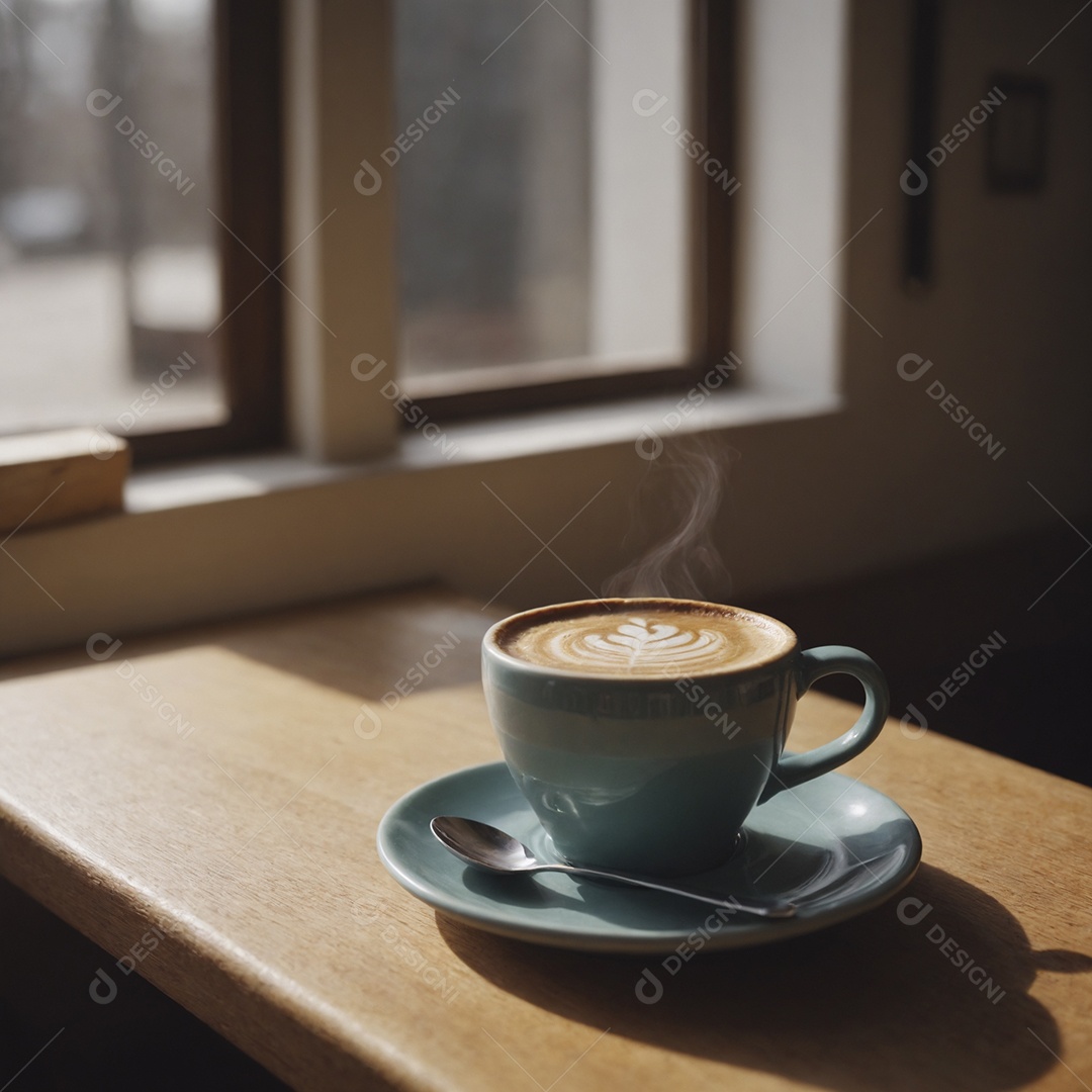 Xícara azul com delicioso cappuccino