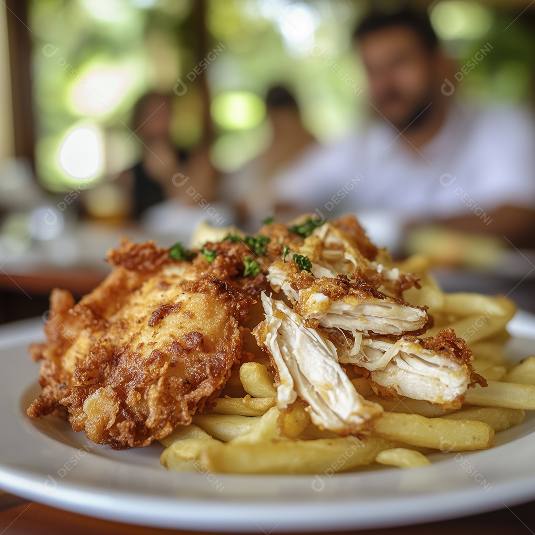 Bifes de frango empanado e batatas fritas