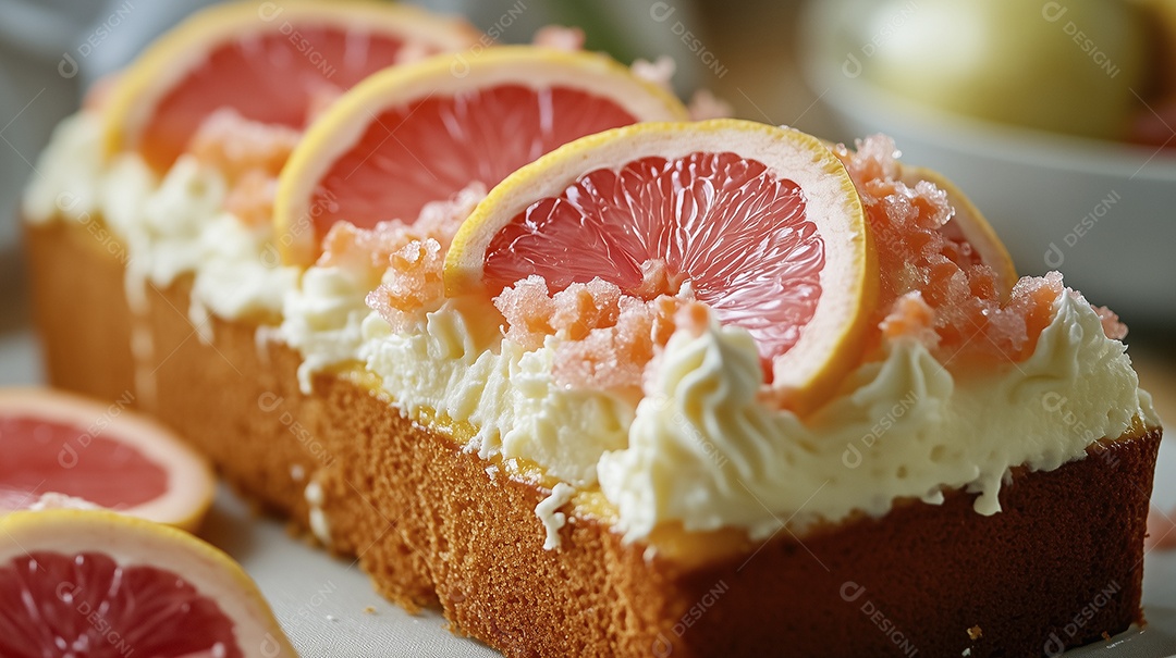 Bolo cítrico com decoração de laranja rosa no topo