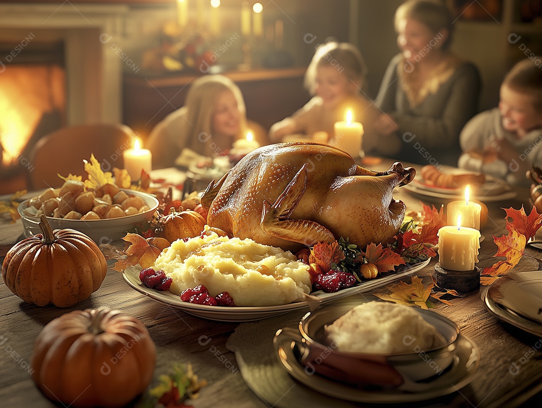 Frango assado com guarnição sobre a mesa de uma família