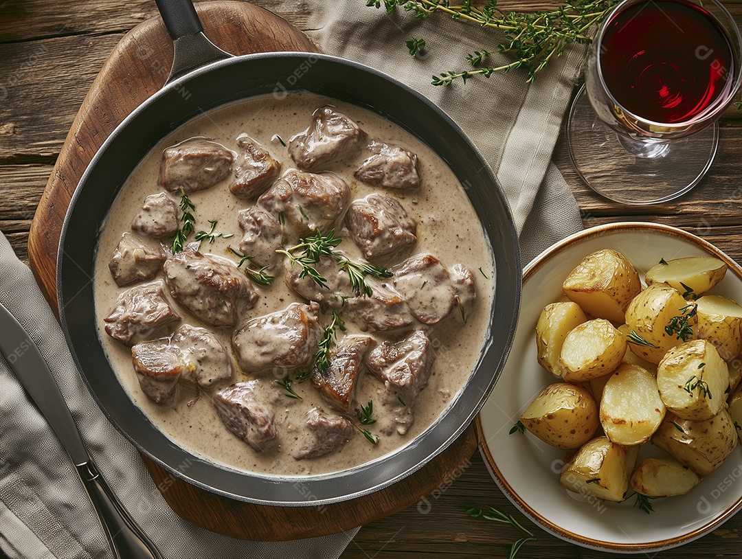 Strogonoff de carne cremoso com batatas cozida grelhada