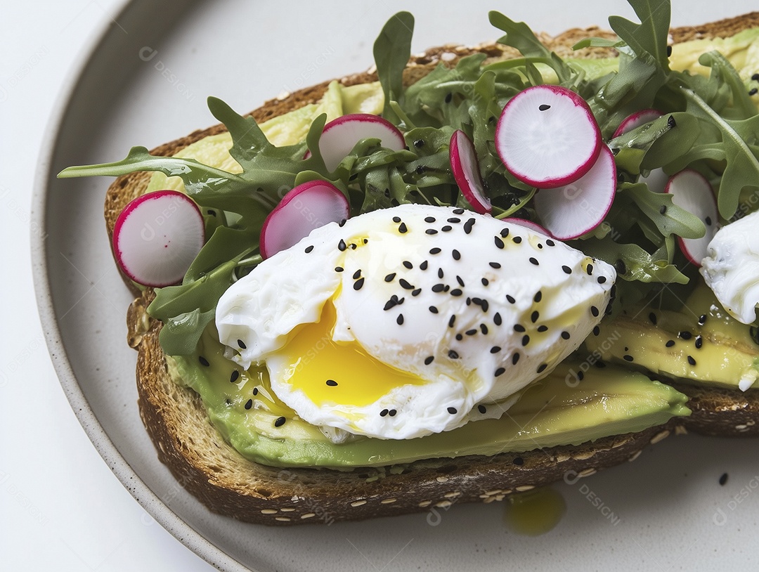 Torrada de abacate com ovo pochê e rabanetes