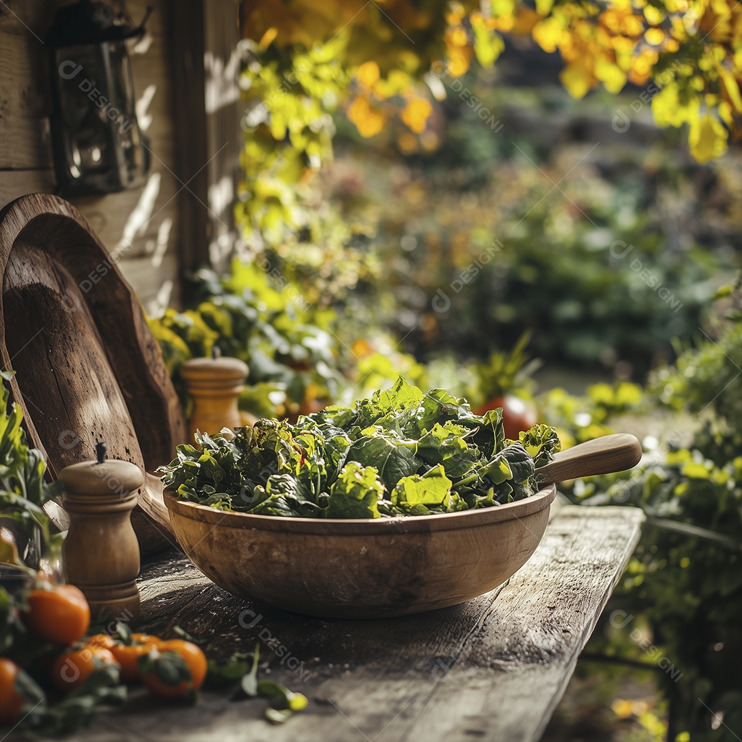 Bacia de madeira com folhas verdes da horta