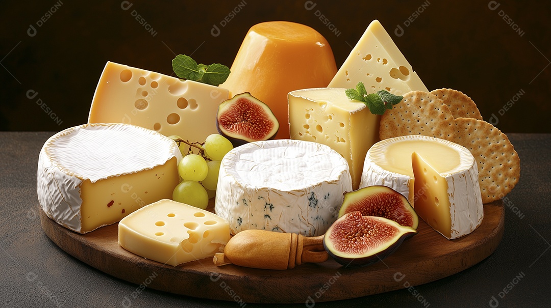 Tábua com muitos e variados queijo biscoitos e frutas