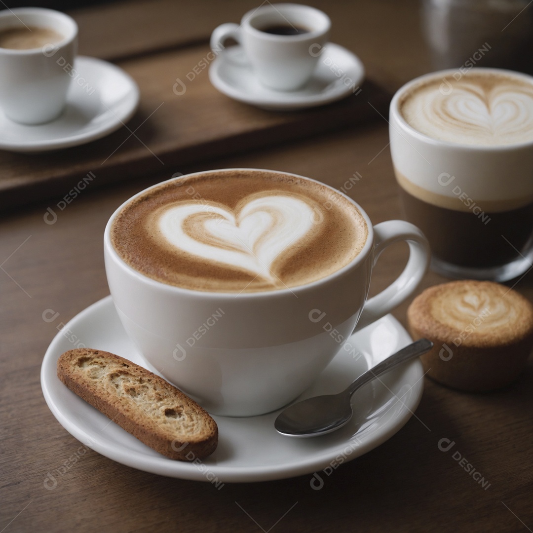 Xícaras de cappuccino decorado com torradas ao lado
