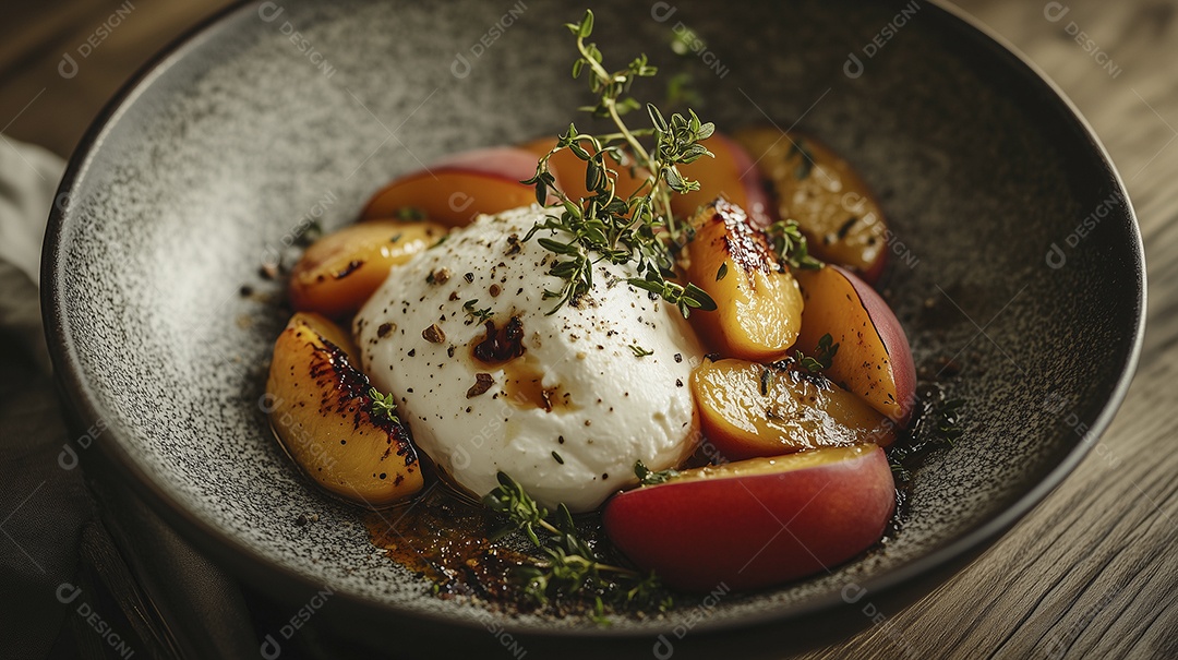 Burrata com pêssegos e tomillos