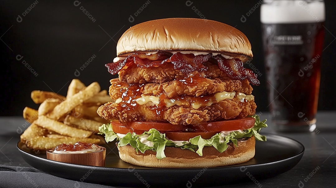 Hambúrguer triplo com salada e batatas fritas