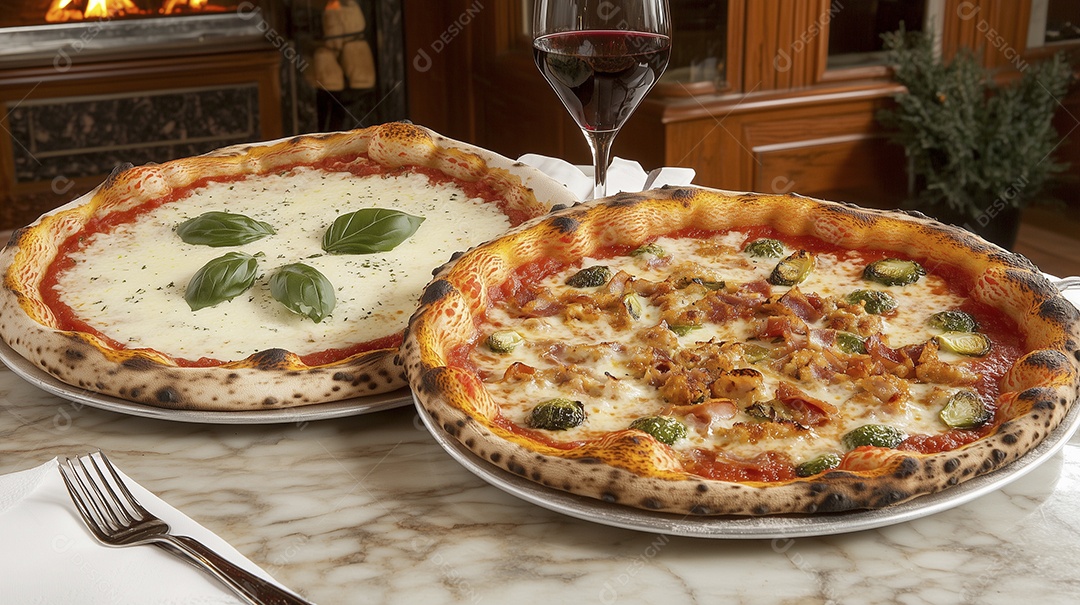 Pizzas de queijo com azeitona manjericão