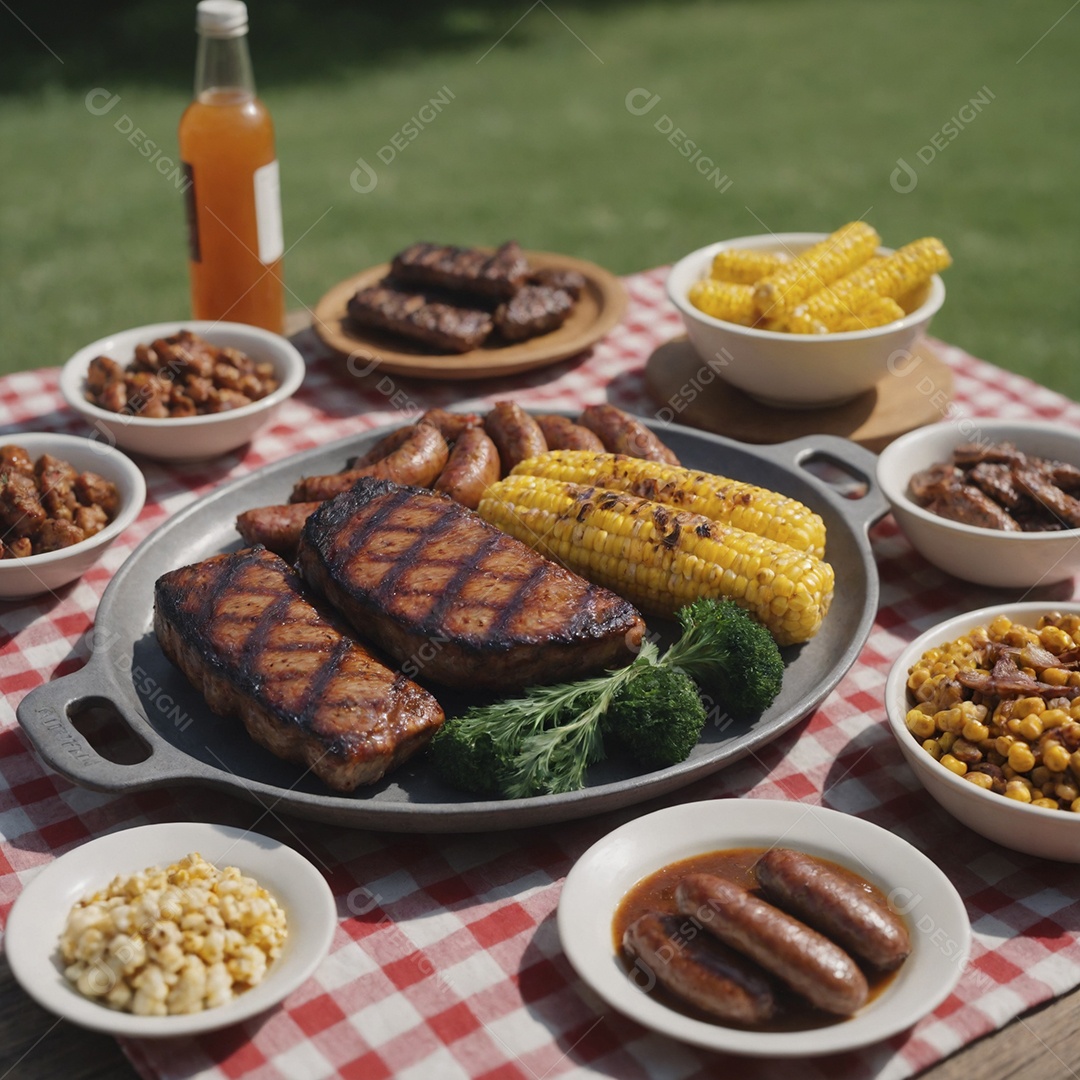 Churrasco tradicional com milho e salada