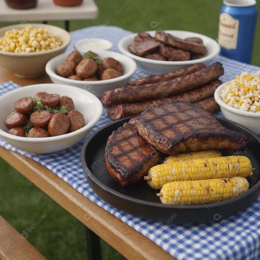 Mesa posta com churrasco tradicional e milho de salada