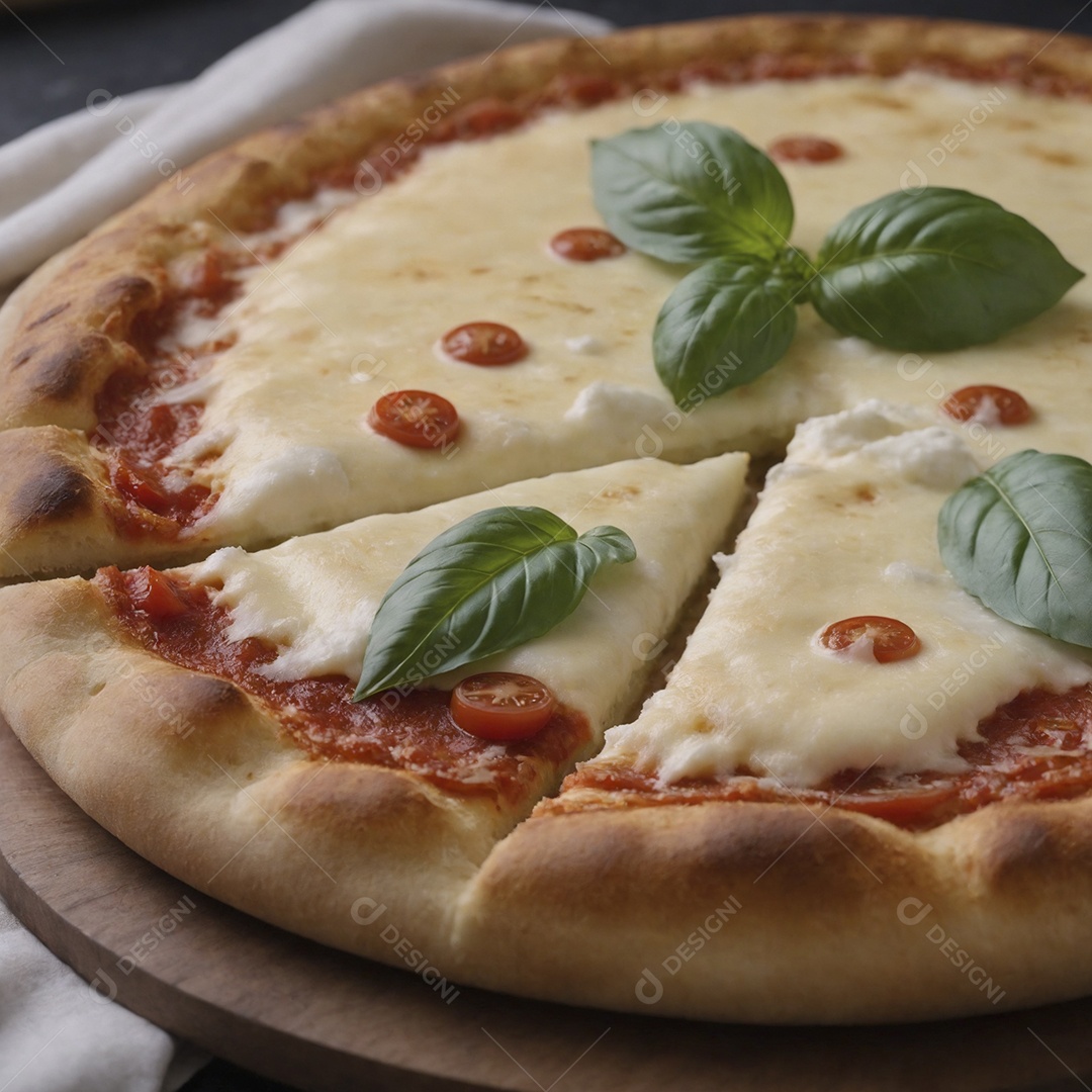 Pizza bem queijuda com manjericão