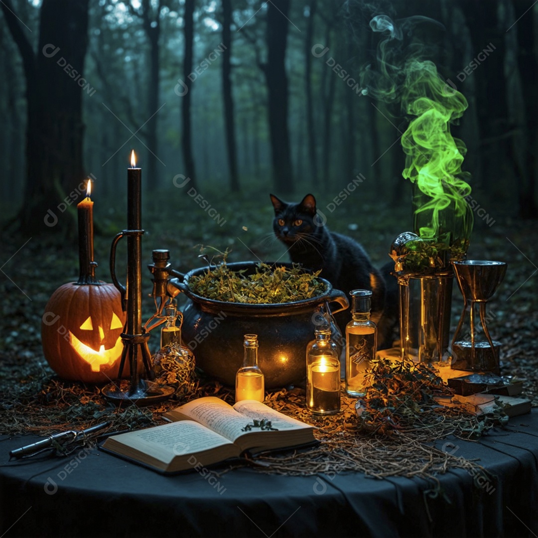 Floresta com gato preto e um caldeirão de porções para o halloween