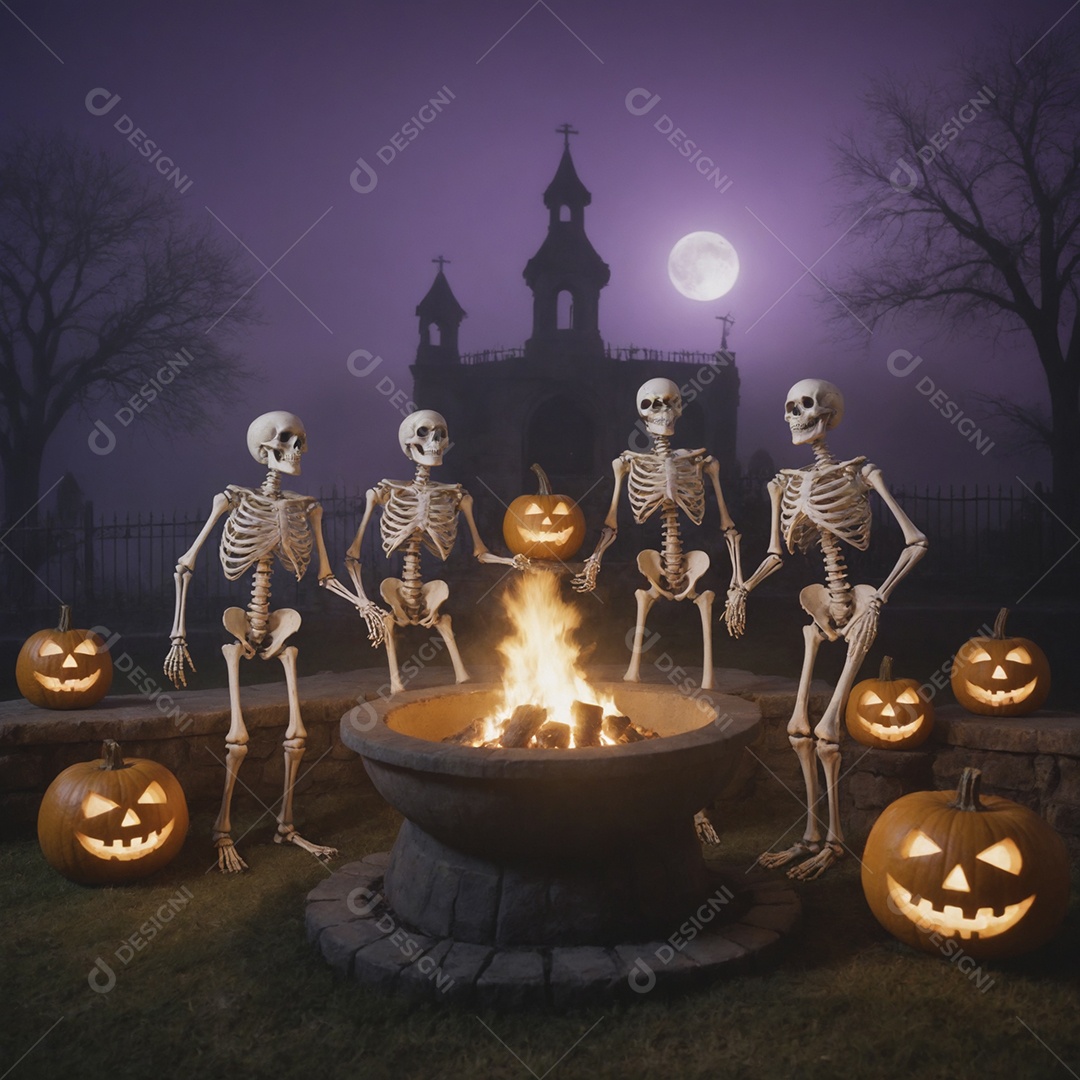 Catelo decorado para o halloween com esqueletos na lareira