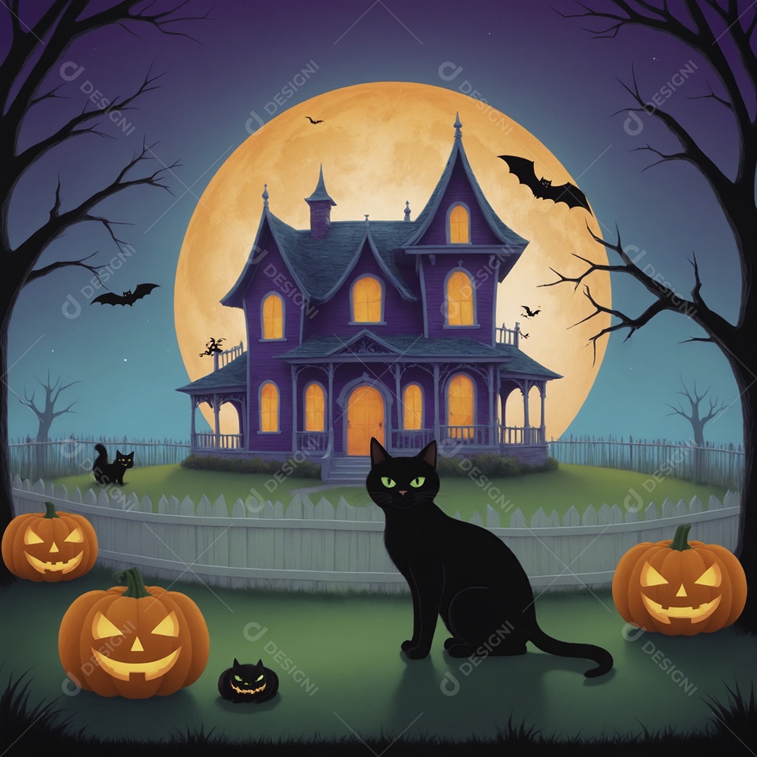 Um gato no jardim de um castelo decorado para halloween