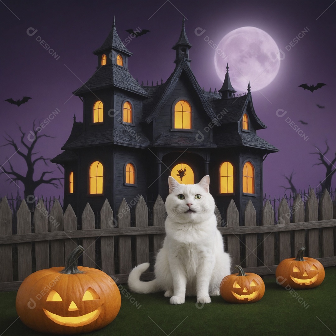 Gato em um jardim enfeitado para halloween
