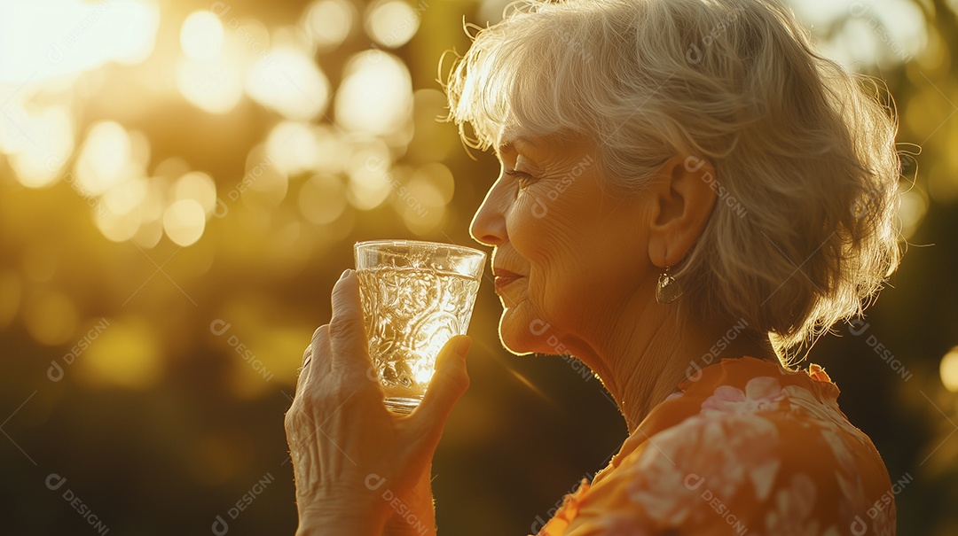 Uma idosa bebendo água