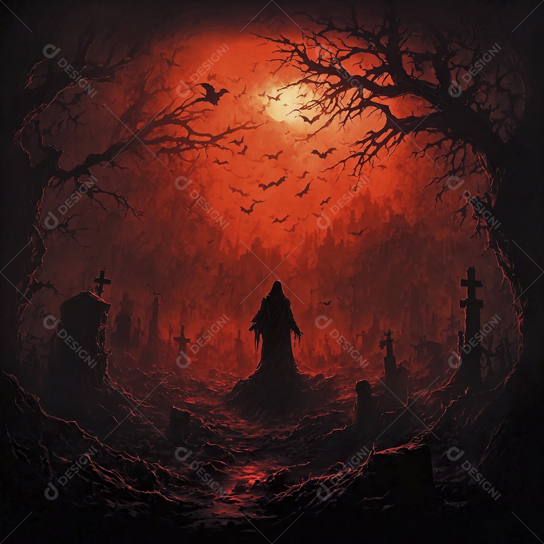 Cemitério noturno com árvores e pássaros
