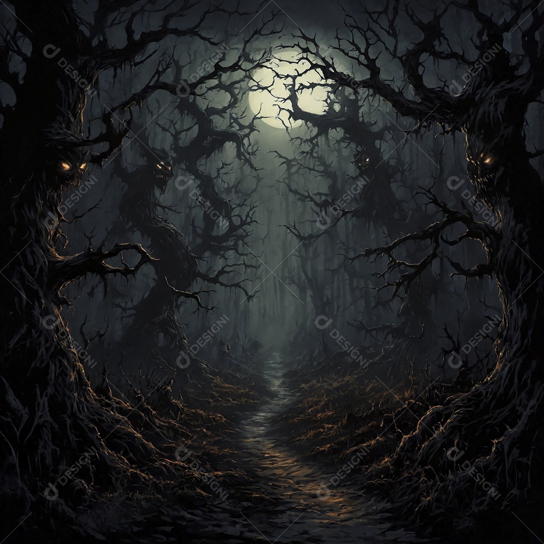 Floresta noturna sombria sobre luz da lua