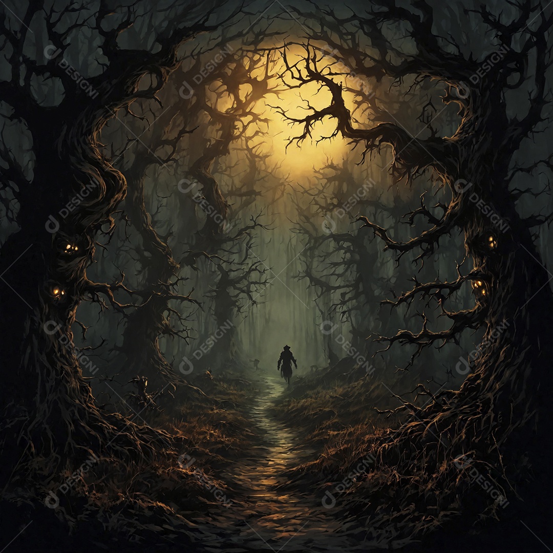 Floresta noturna sombria sobre luz da lua