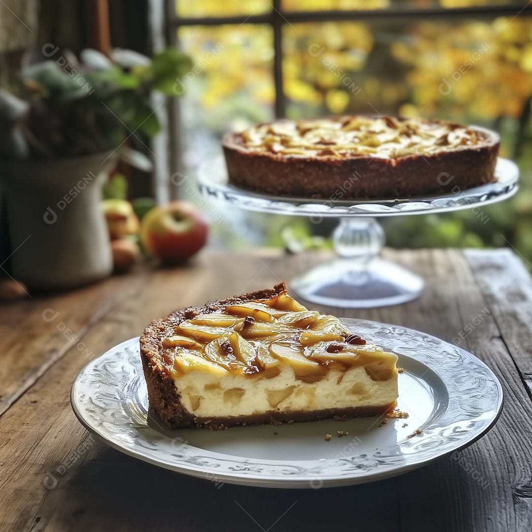 Uma fatia do cheesecake em um prato vintage bonito