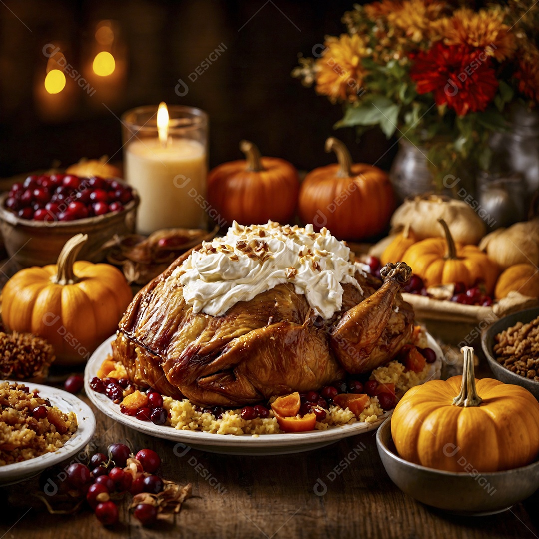 Frango assado com arroz de legumes e abóboras