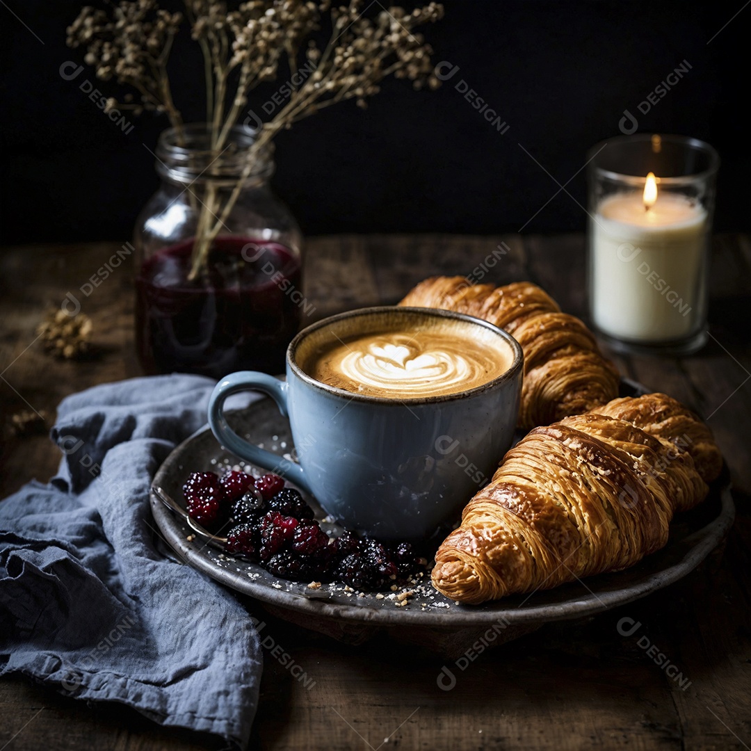 Xícara de cappuccino com croissaint delicioso