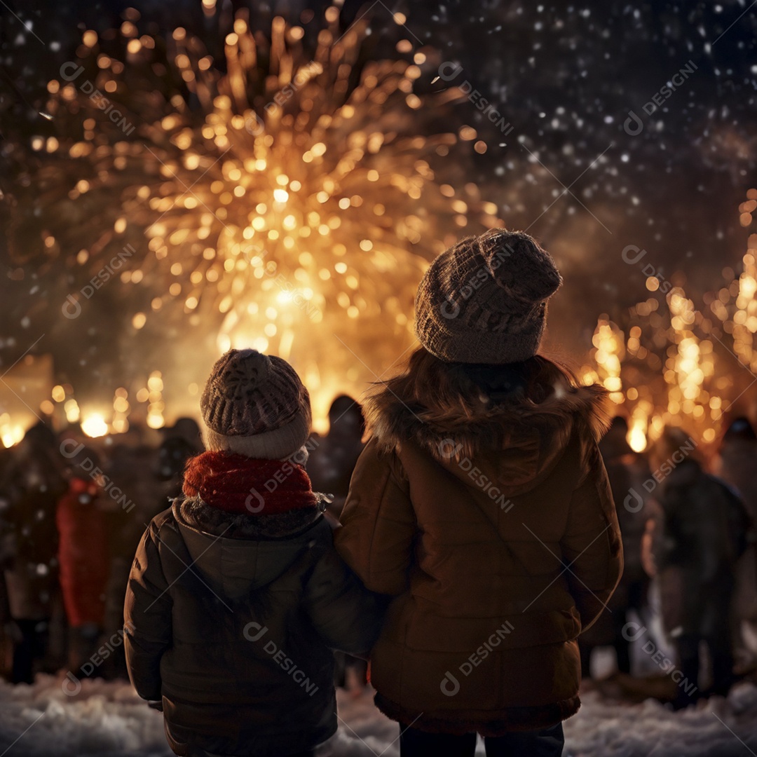Irmãos vendo fogos de artíficios de mãos dadas