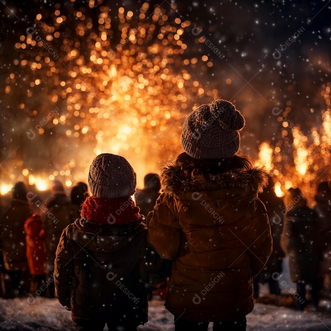 Lindas crianças olhando fogos de artificio sobre piso coberto de neve