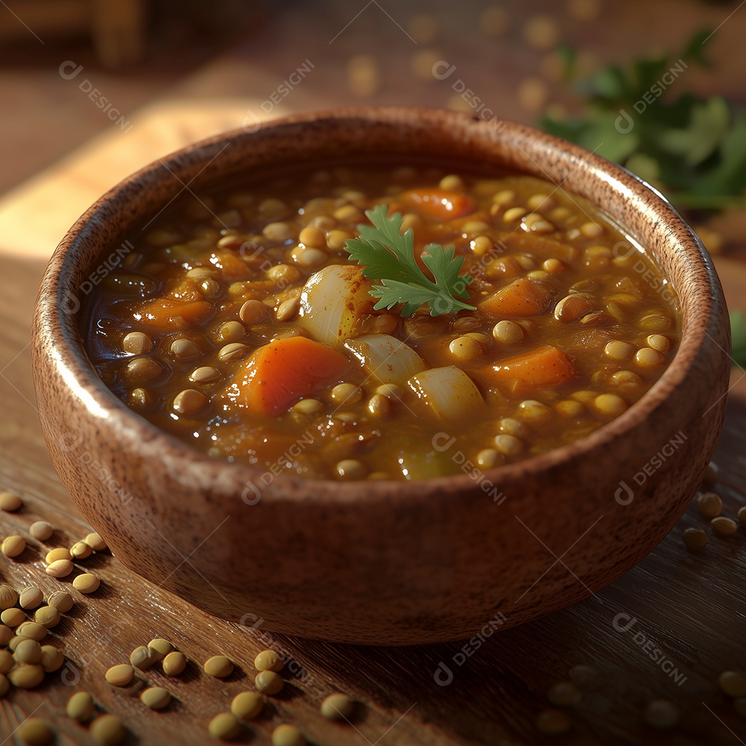 Sopa de lentilha em tijela sobre mesa de madeira