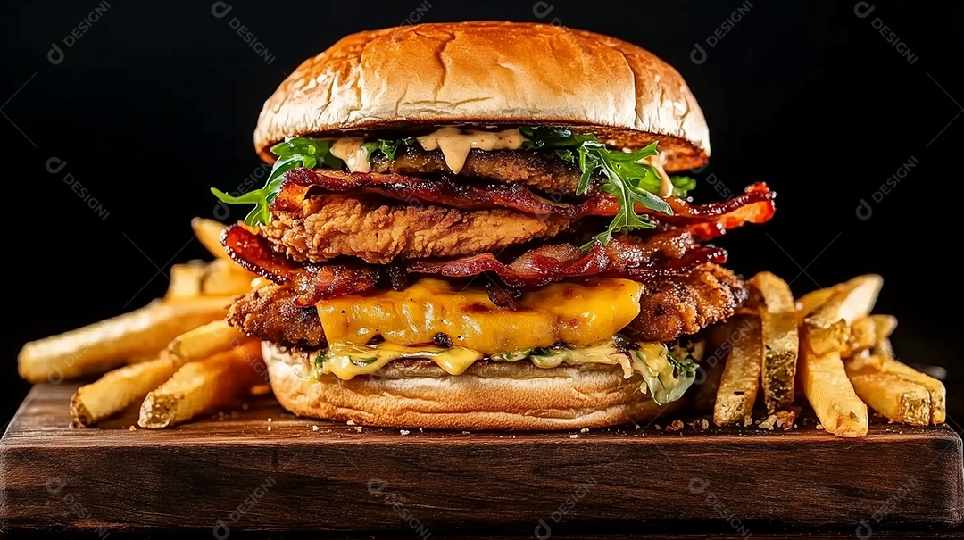 Belo hamburguer com acompanhamento de batata frita em tábua sobre fundo isolado