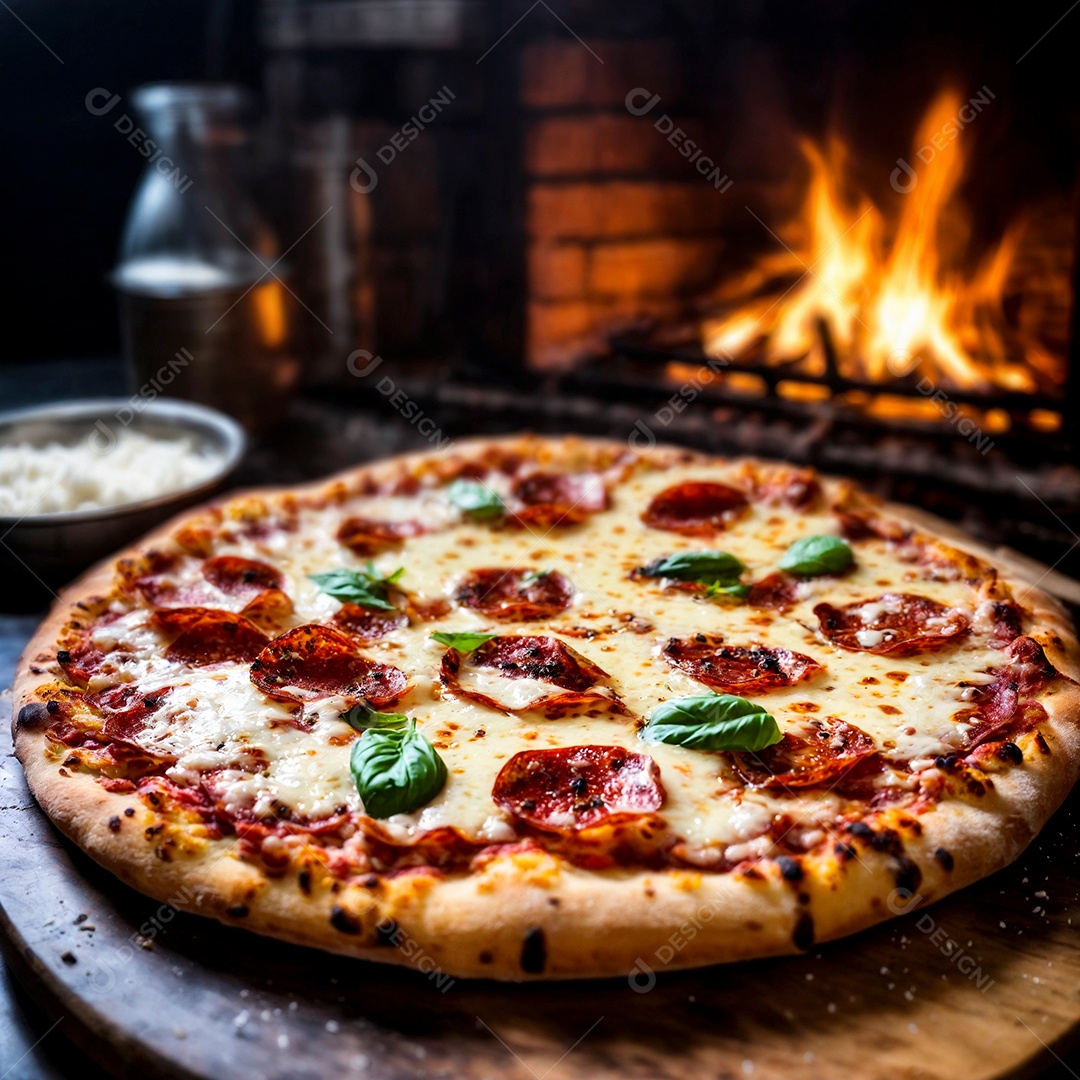 Linda pizza de calabresa em tábua sobre mesa de madeira