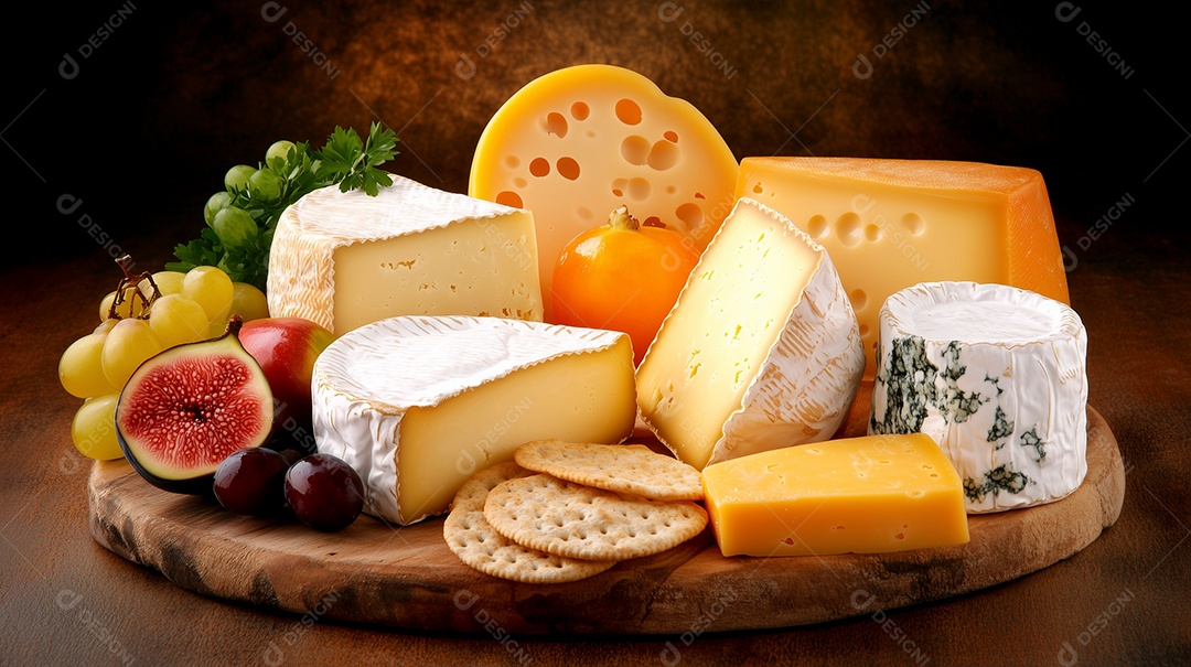 Linda tábua de frios com variedades de frutas e lacteos sobre mesa de madeira isolada