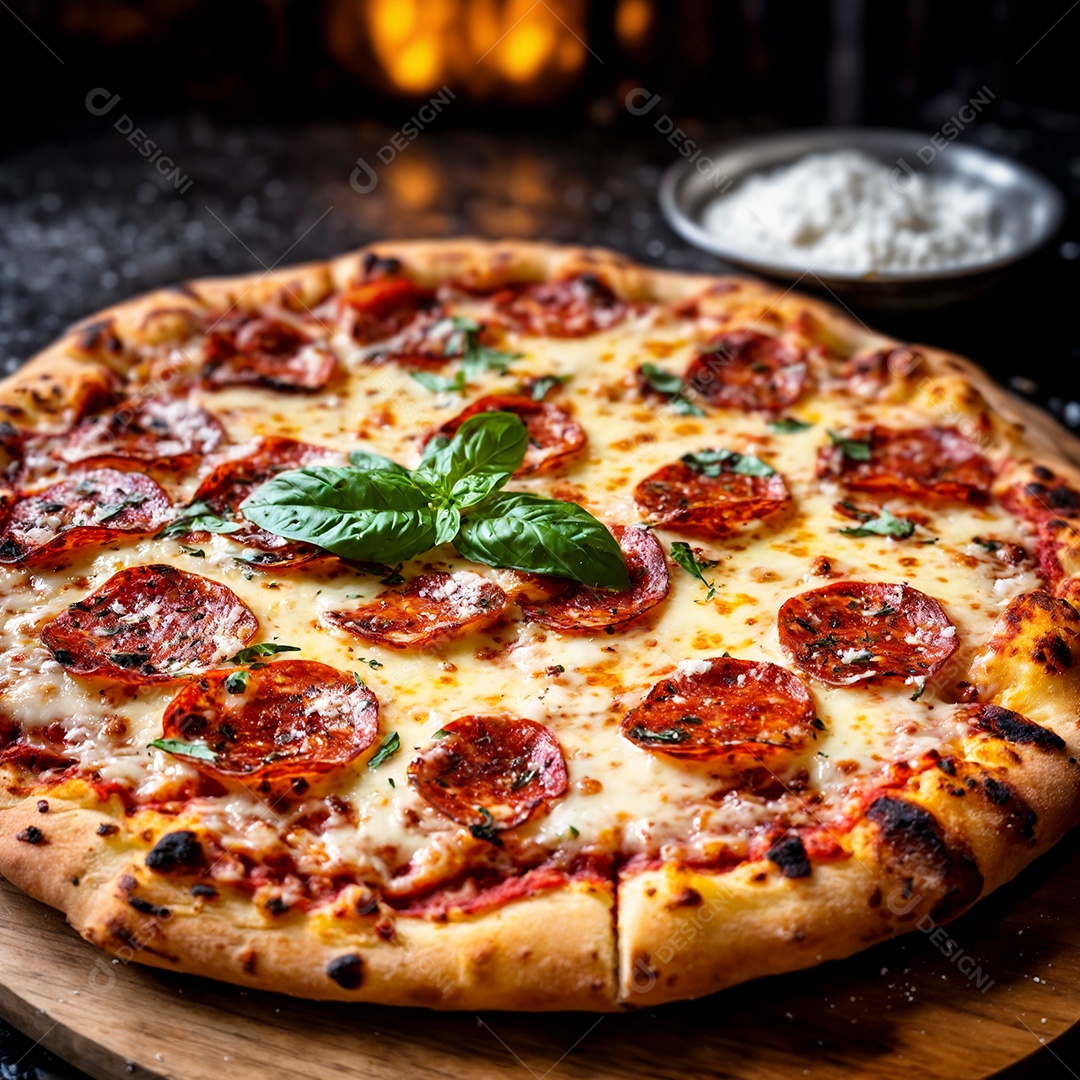 Linda pizza de calabresa em tábua sobre mesa de marmore