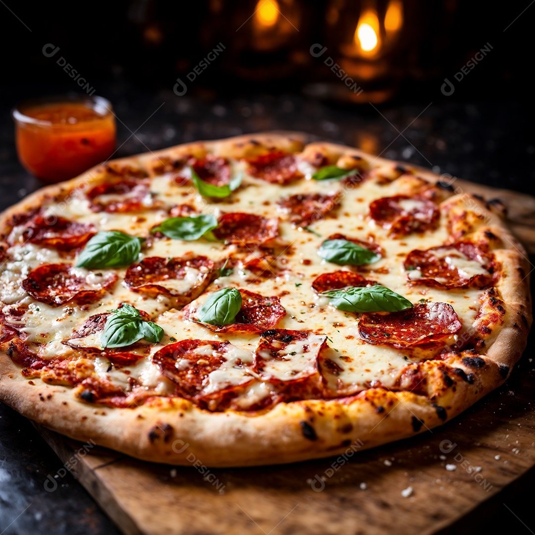 Linda pizza de calabresa em tábua sobre mesa de marmore