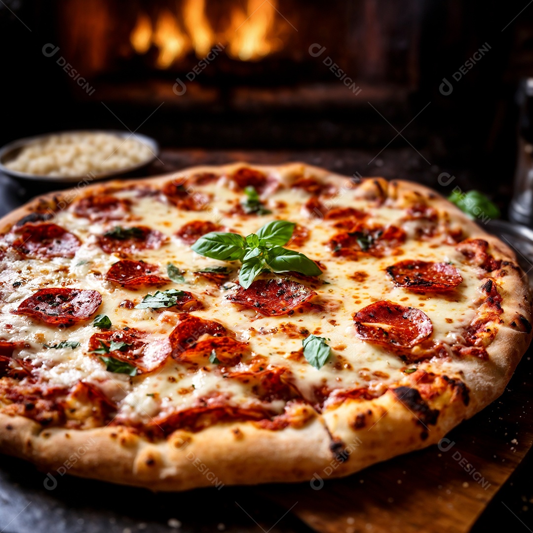 Linda pizza calabresa sobre mesa de madeira